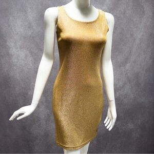 Vintage Gold Metallic Shimmer Bodycon Mini  Dress, S - Made in USA